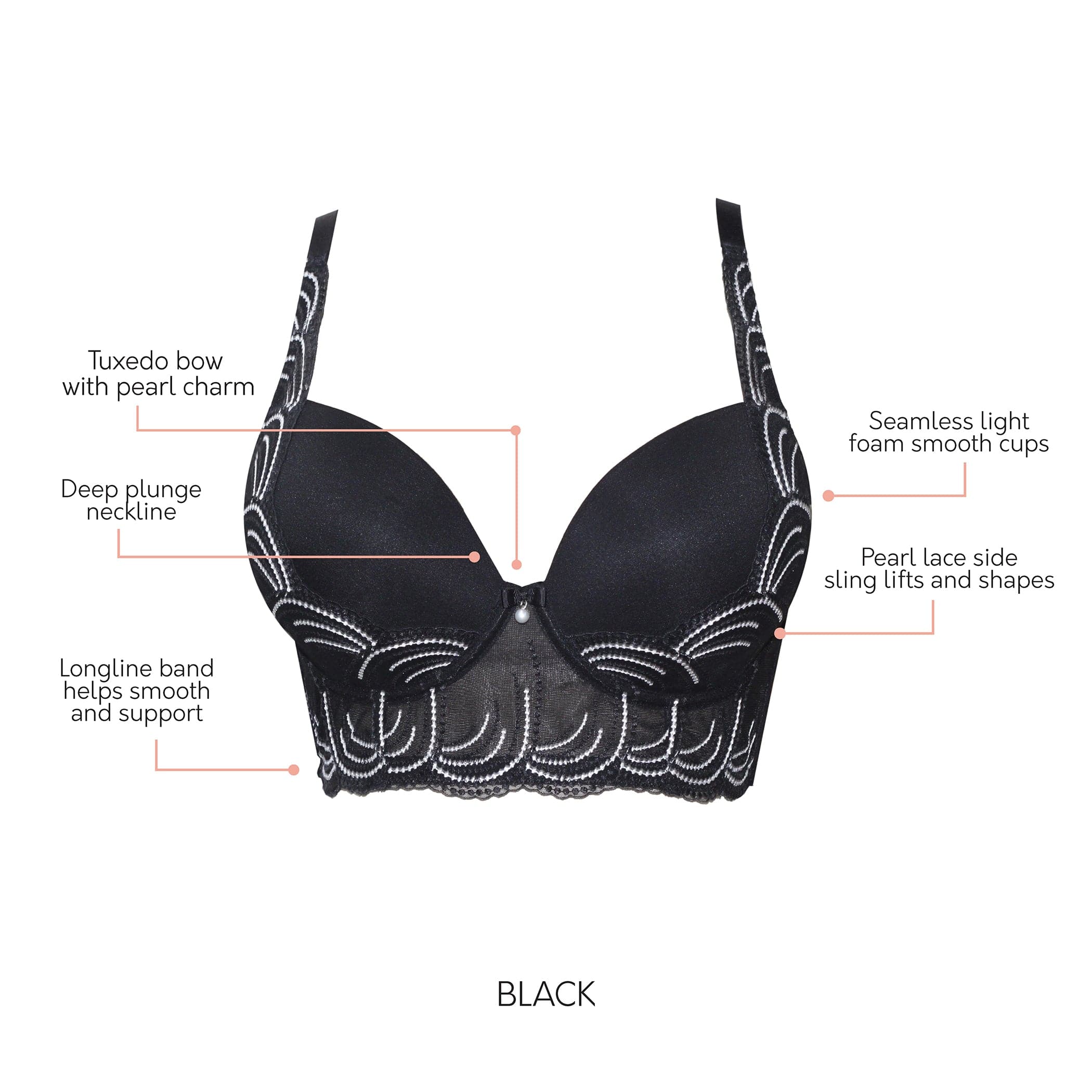 PARFAIT Pearl P6091 Women's Longline Plunge Full Busted Bra  - Black
