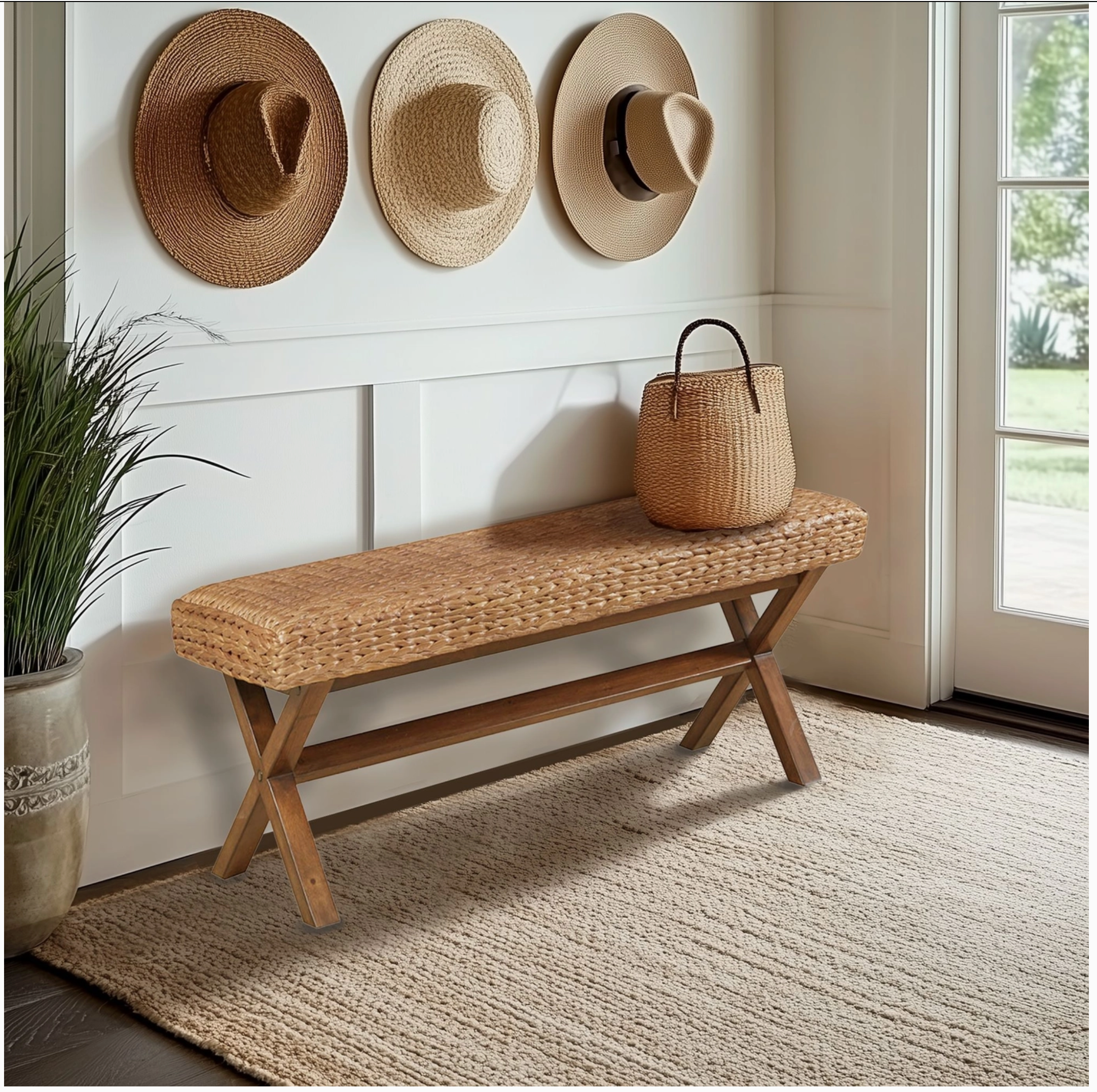Healthy Balance Market Seagrass Woven Farmhouse Rustic Boho Bench