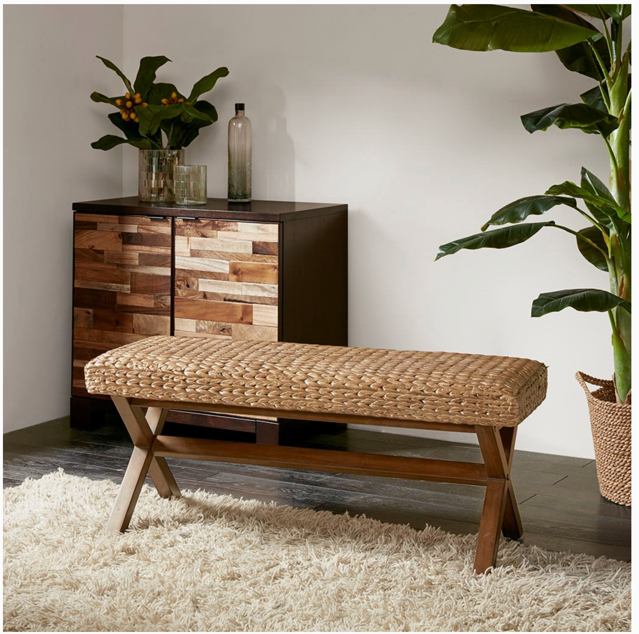 Healthy Balance Market Seagrass Woven Farmhouse Rustic Boho Bench