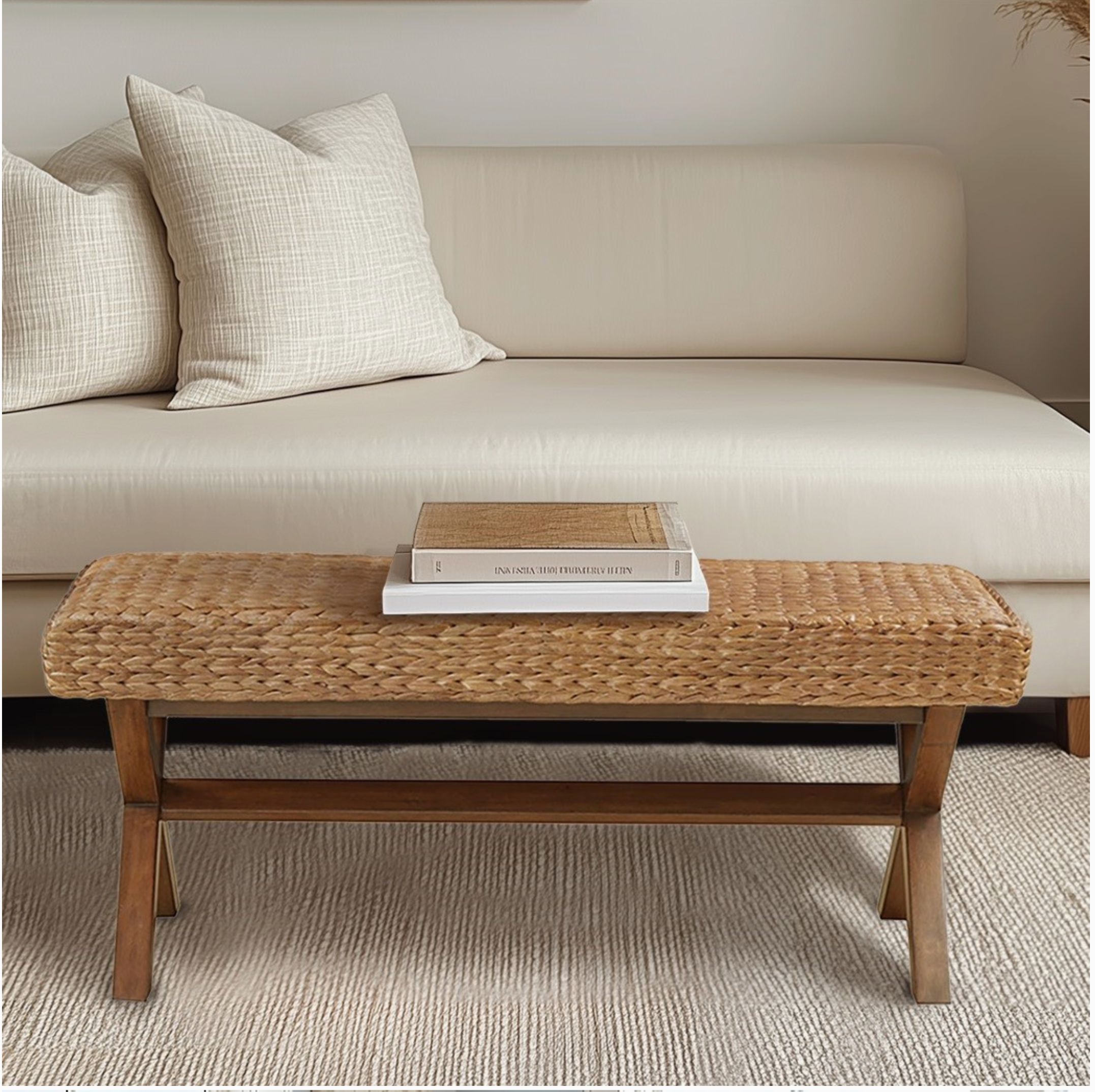 Healthy Balance Market Seagrass Woven Farmhouse Rustic Boho Bench