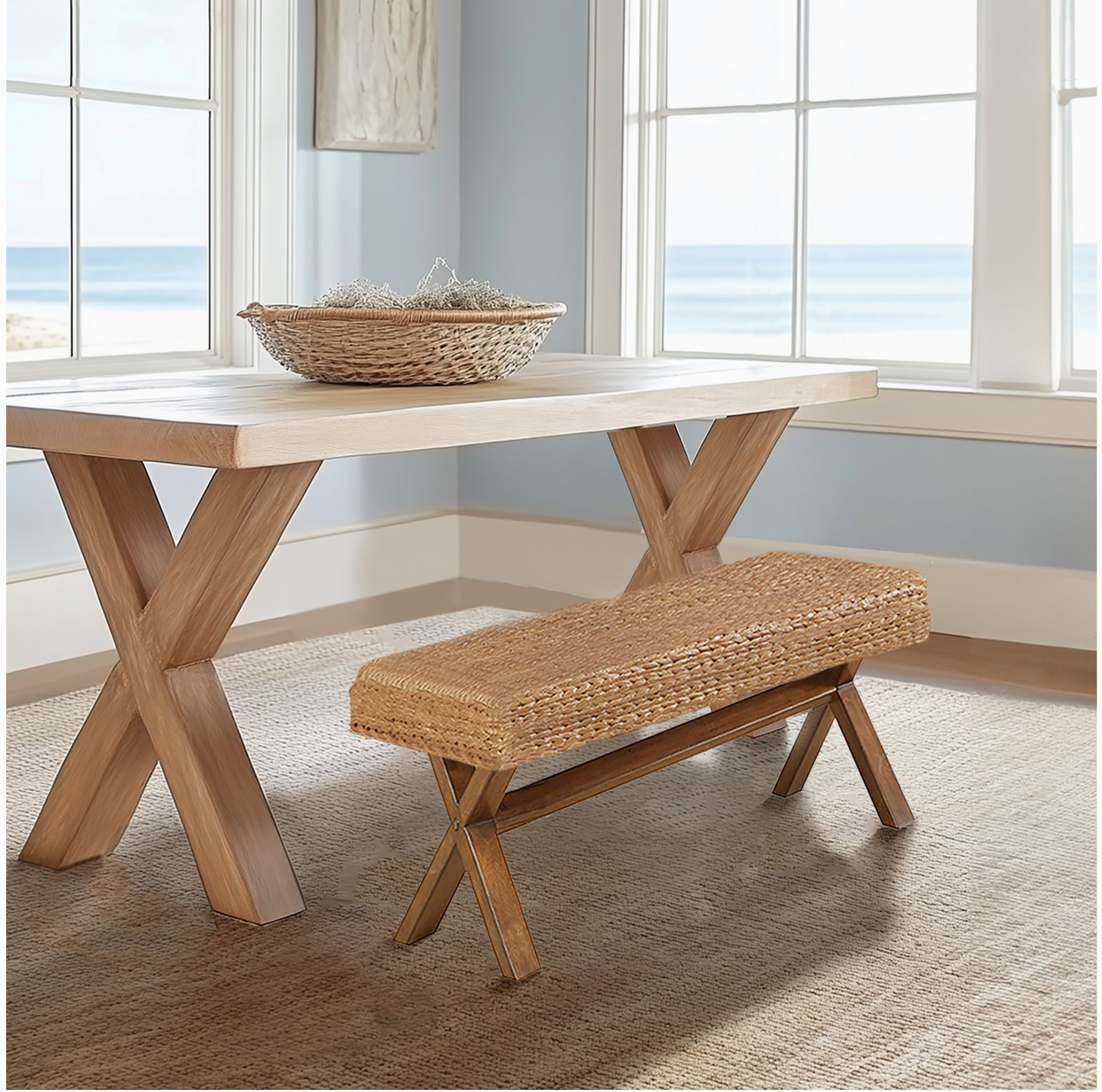 Healthy Balance Market Seagrass Woven Farmhouse Rustic Boho Bench