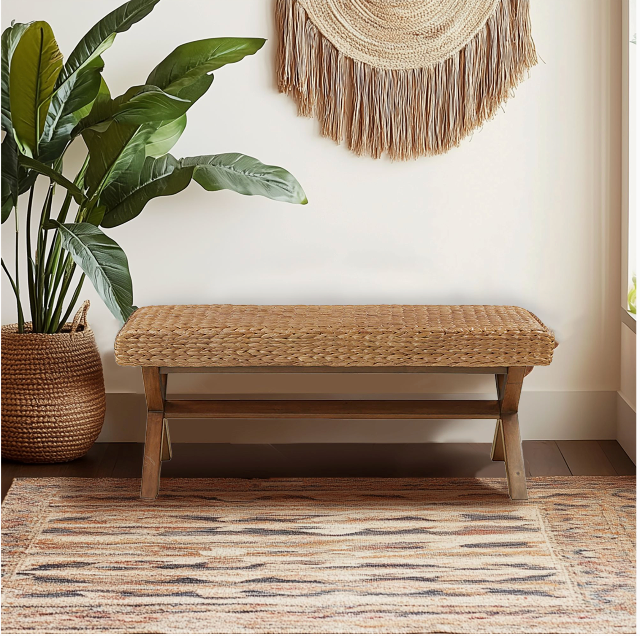 Healthy Balance Market Seagrass Woven Farmhouse Rustic Boho Bench