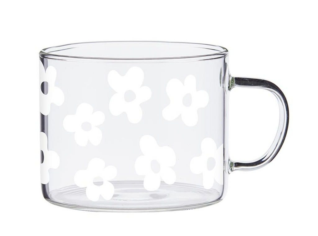 Large Glass Mug White Flowers
