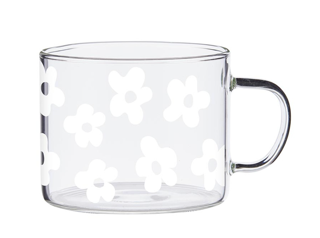 Large Glass Mug White Flowers
