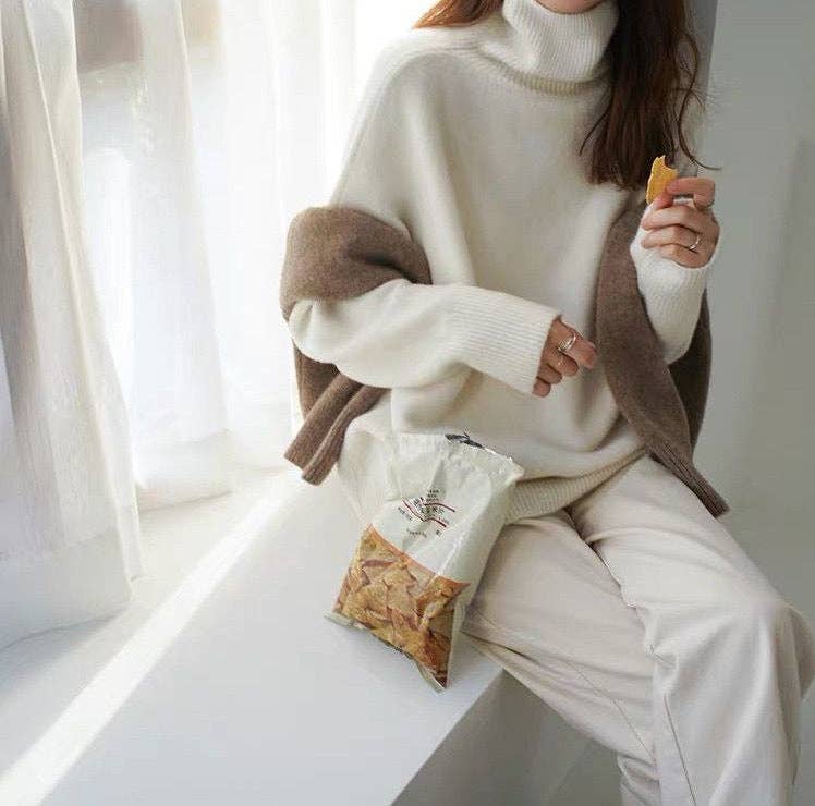 Chic HighNeck Knit Sweater FallWinter Style: Crisp White / One Size Fits Most.