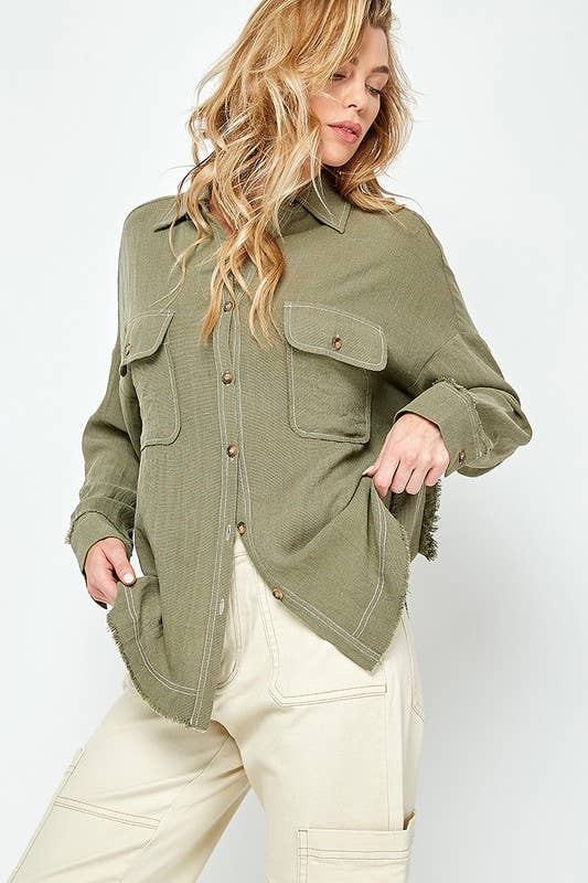 RAYON GAUZE BUTTON DOWN TOP: Olive / Small