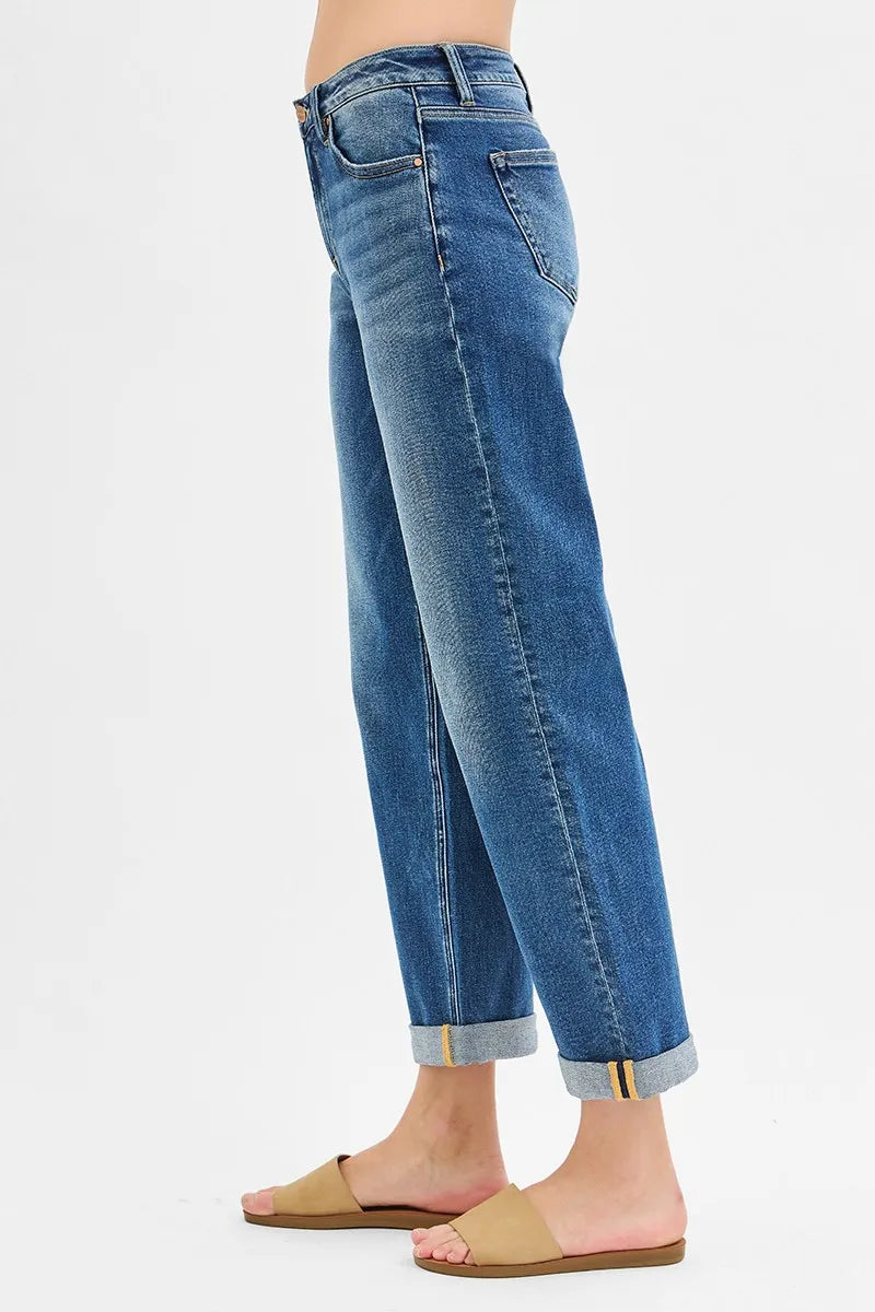 RISEN Full Size Mid Rise Boyfriend Roll Up Jeans Plus Size — product image