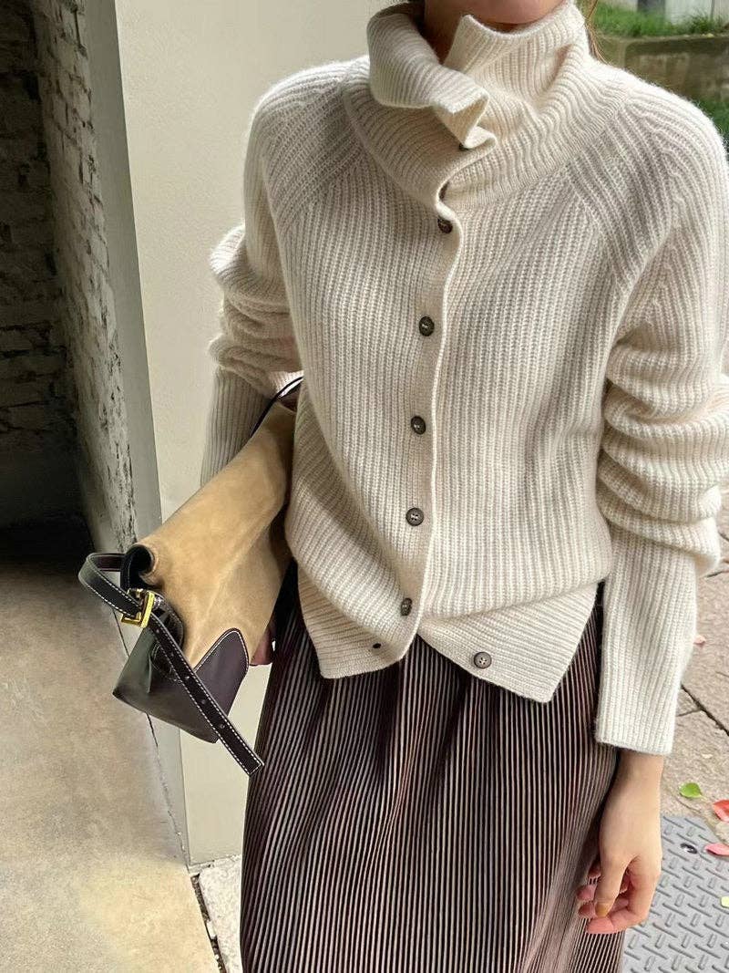 Vintage Knit Cardigan Chic Cozy European Style: Off White / One Size.