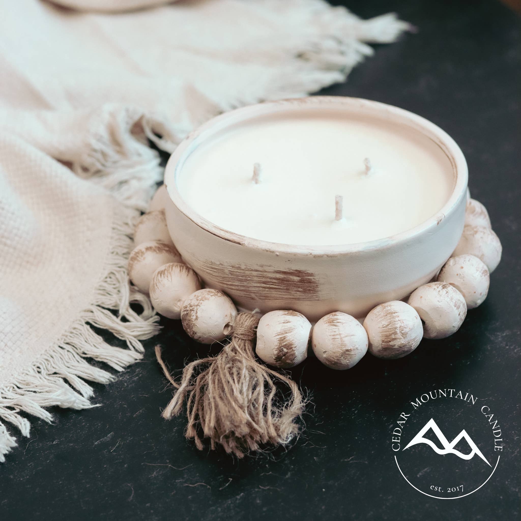 Pottery Bowl Candle with Clay Beads - Choose Your Scent: Lavender & Spring Apricot