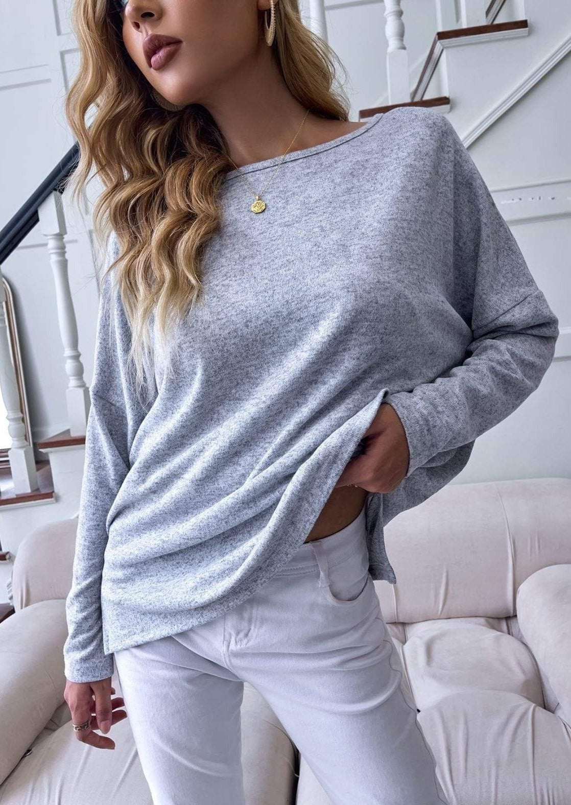 Solid Boat Neck Sweatshirt.