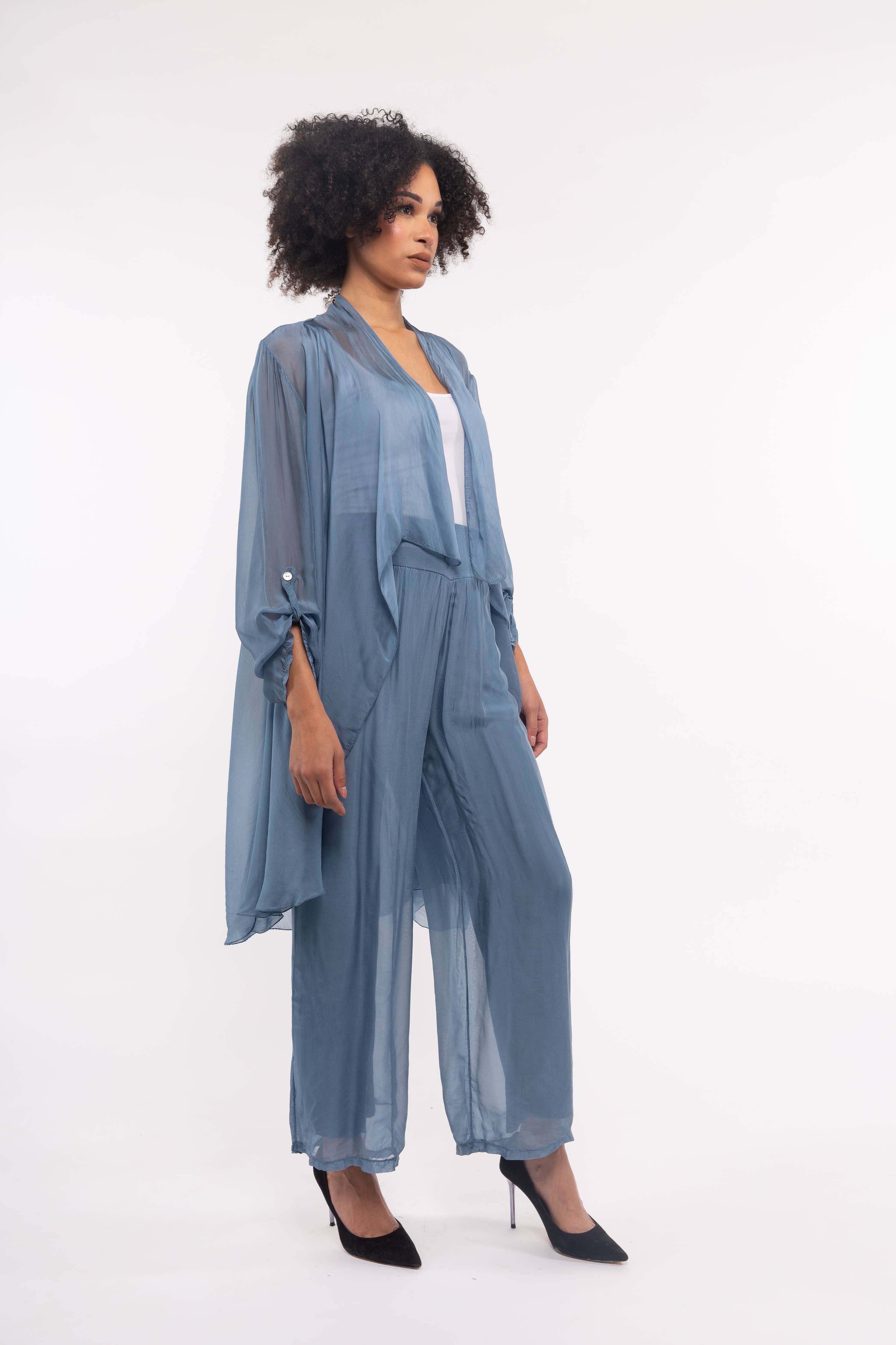 Luna Jacket - Lightweight Cascading Front Jacket: JEANS / 70% Viscose 30% SIlk / S