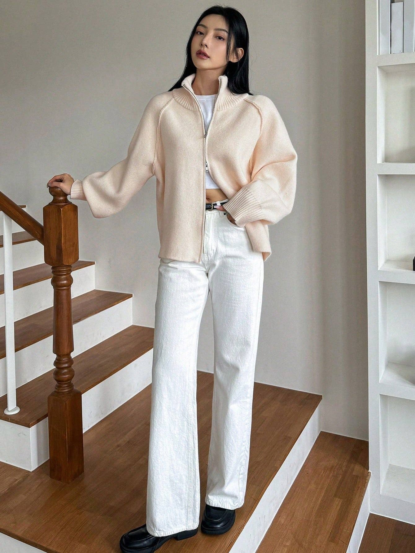 Chic Knit Korean ZipUp Cardigan  2025 Style: Black / One Size (Fits US Men's 8.5-14)