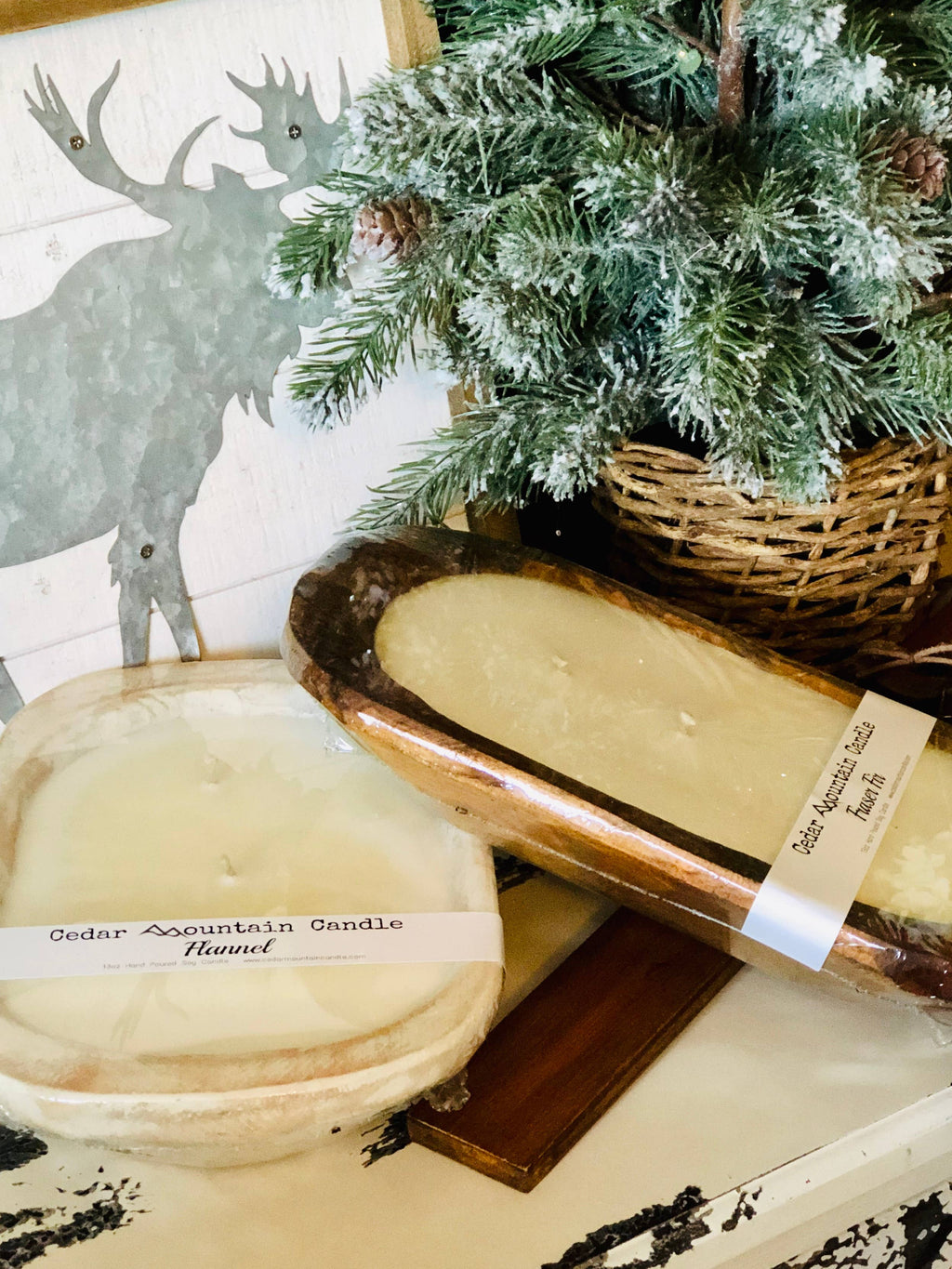 Winter & Holiday 3 Wick Dough Bowl Soy Candles: Natural Wood / Christmas Hearth