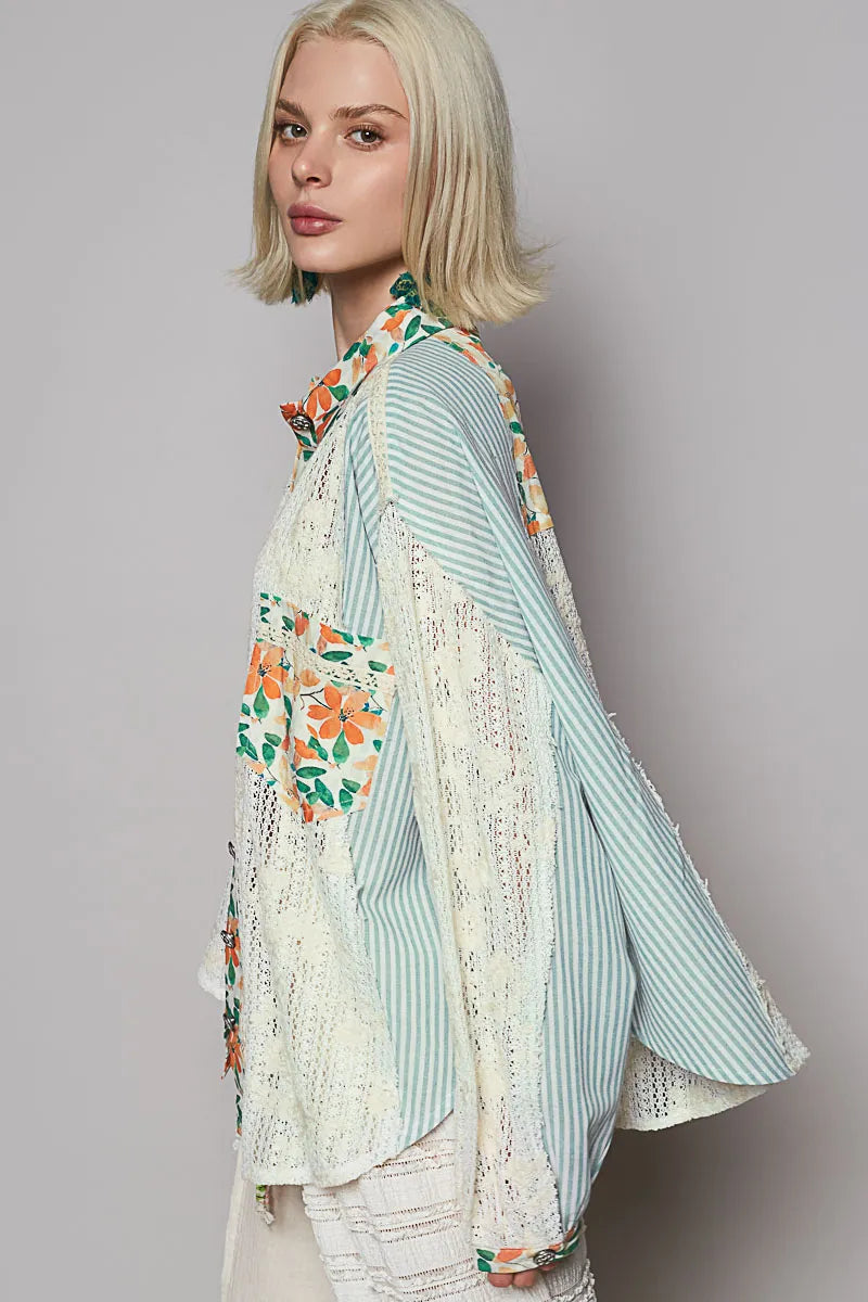 POL Lace Long Sleeve Shirt with Floral and Striped Pattern — product image
