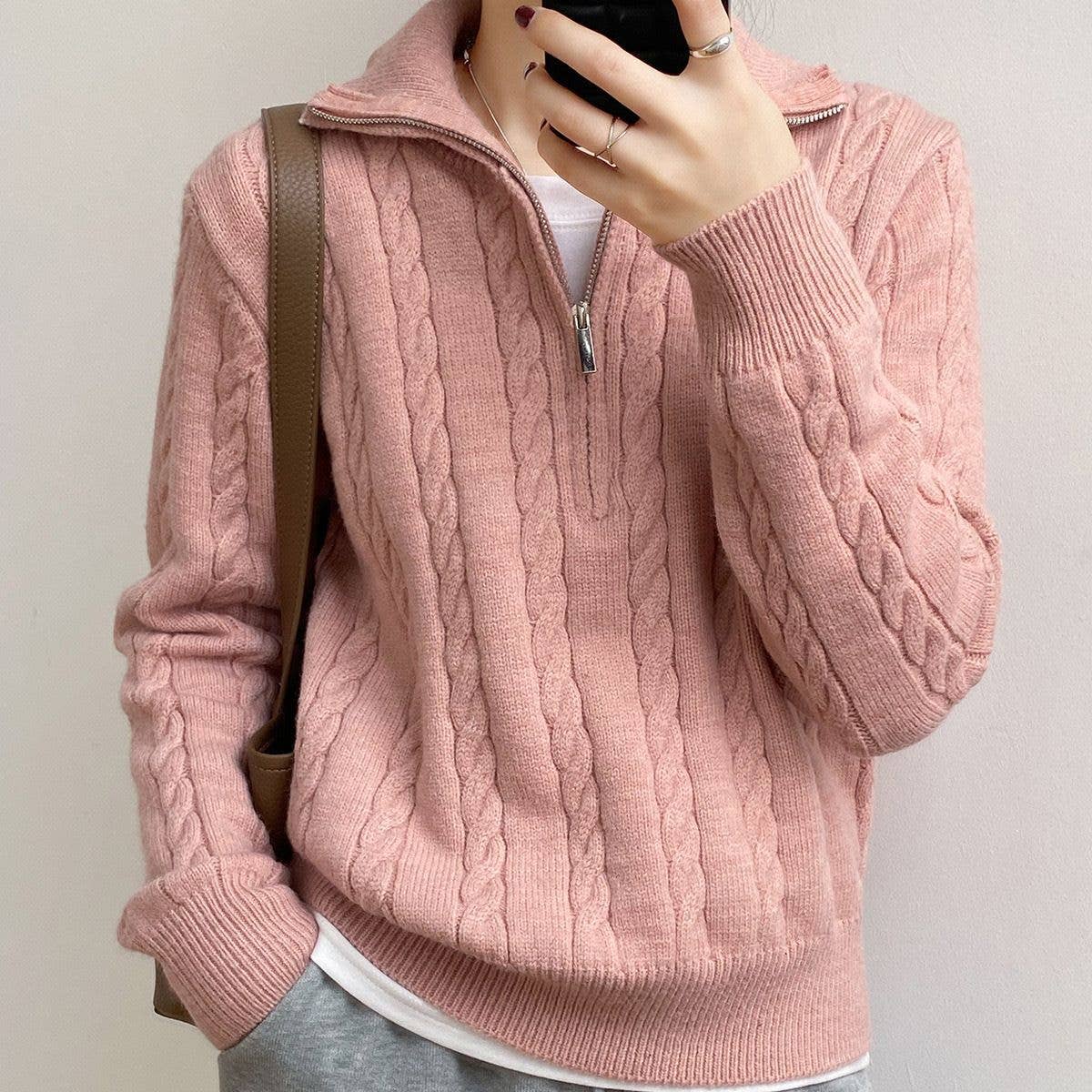 Chic Zip Collar Knit Top Effortless Style Cozy Warmth: Apricot / One Size.