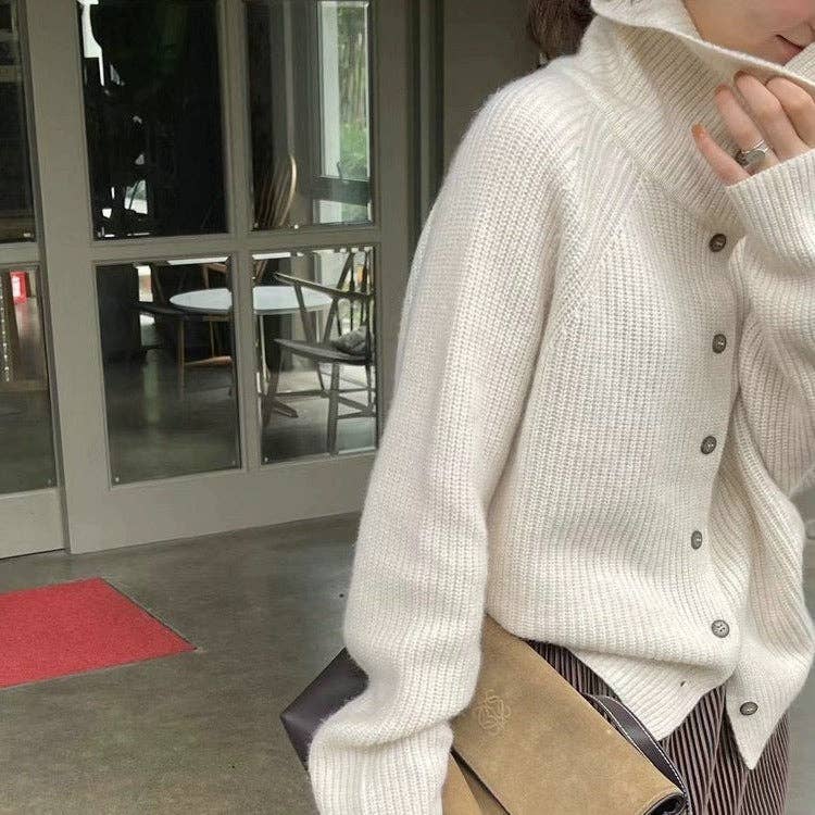 Vintage Knit Cardigan Chic Cozy European Style: Off White / One Size.