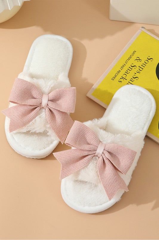 White Bow Knot Decor Open Toe Plush Slippers — product image
