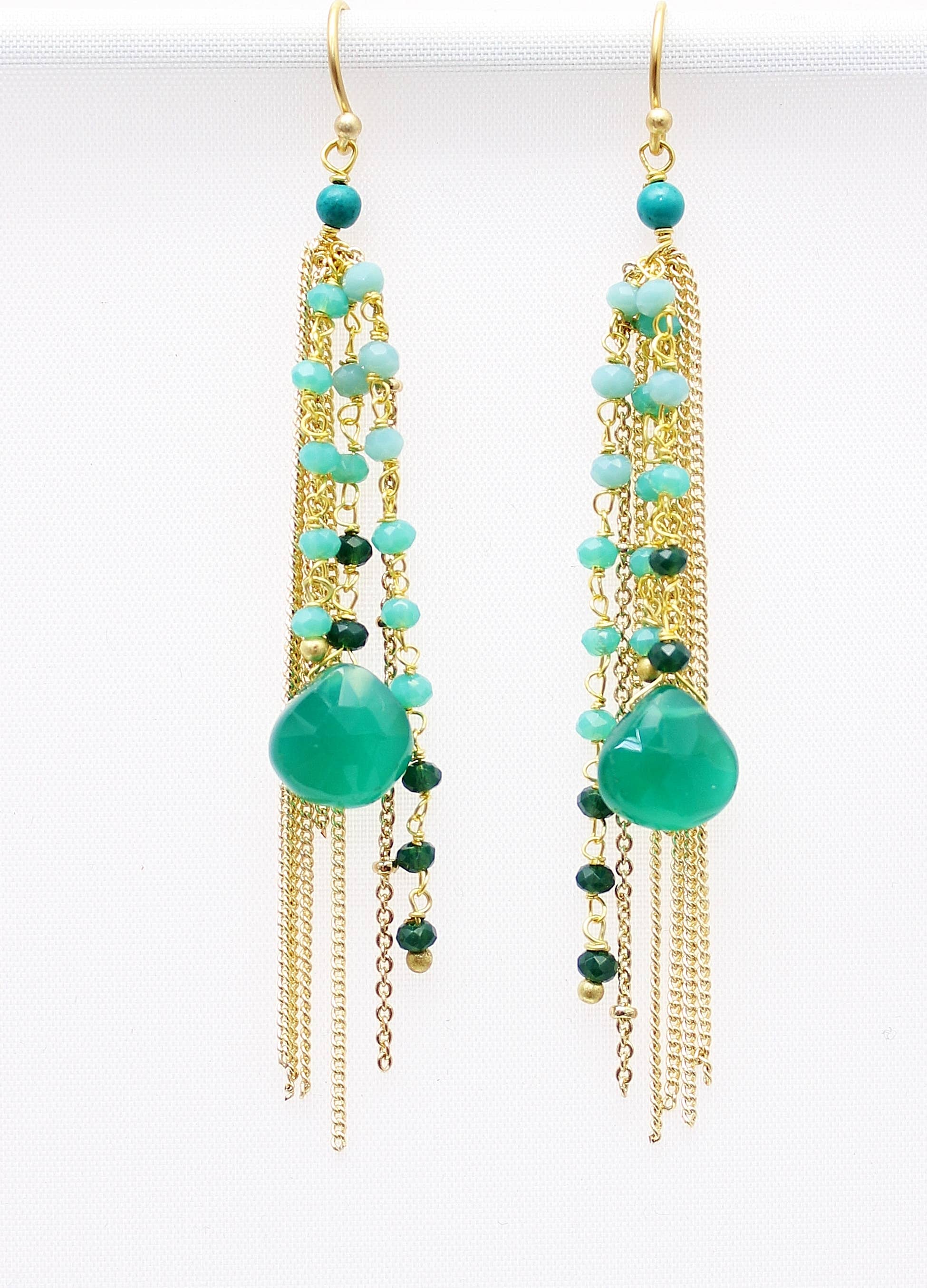 Thai Crystal Fringe Earrings: Green