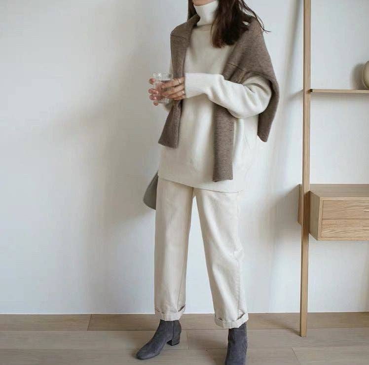 Chic HighNeck Knit Sweater FallWinter Style: Crisp White / One Size Fits Most