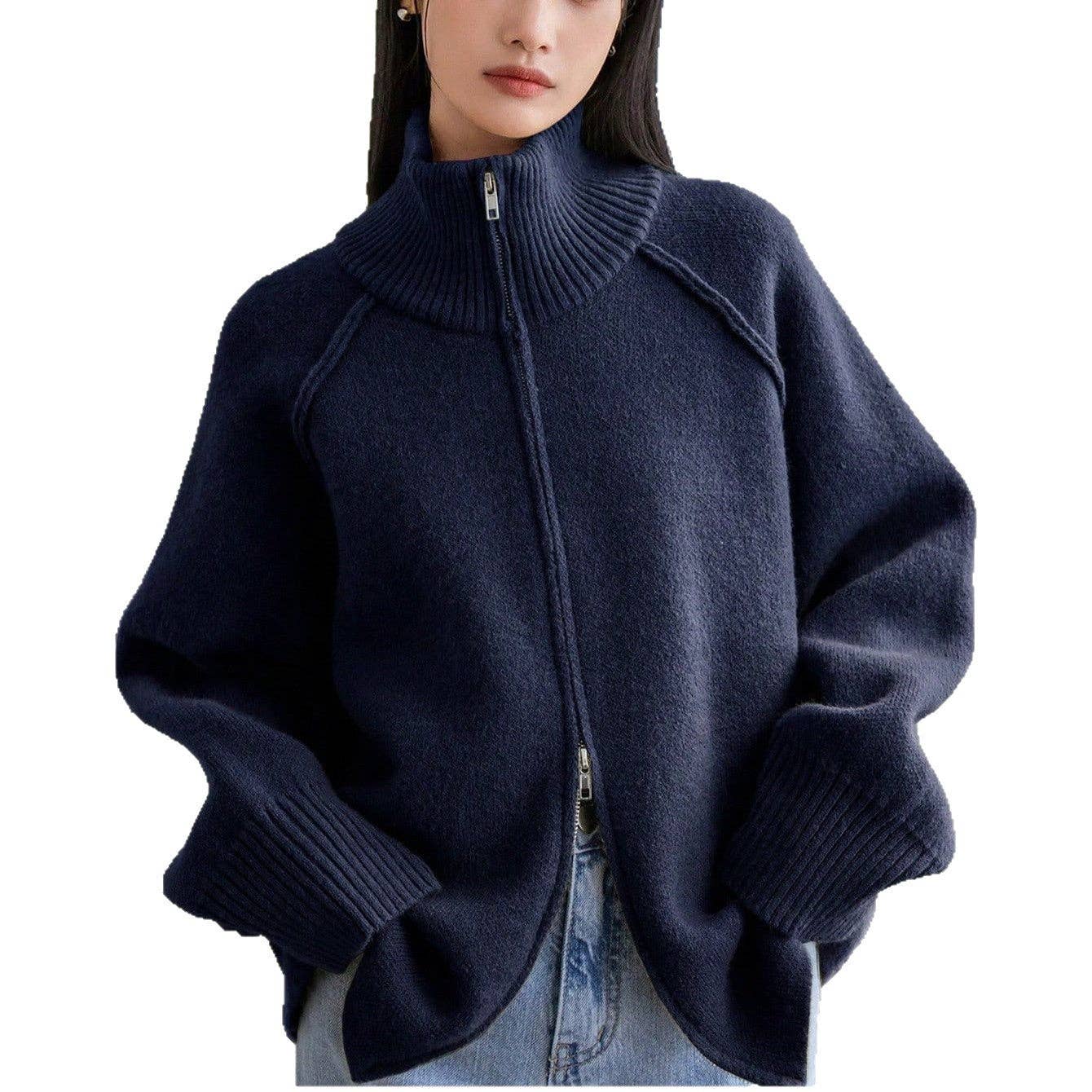 Chic Knit Korean ZipUp Cardigan  2025 Style: Black / One Size (Fits US Men's 8.5-14).