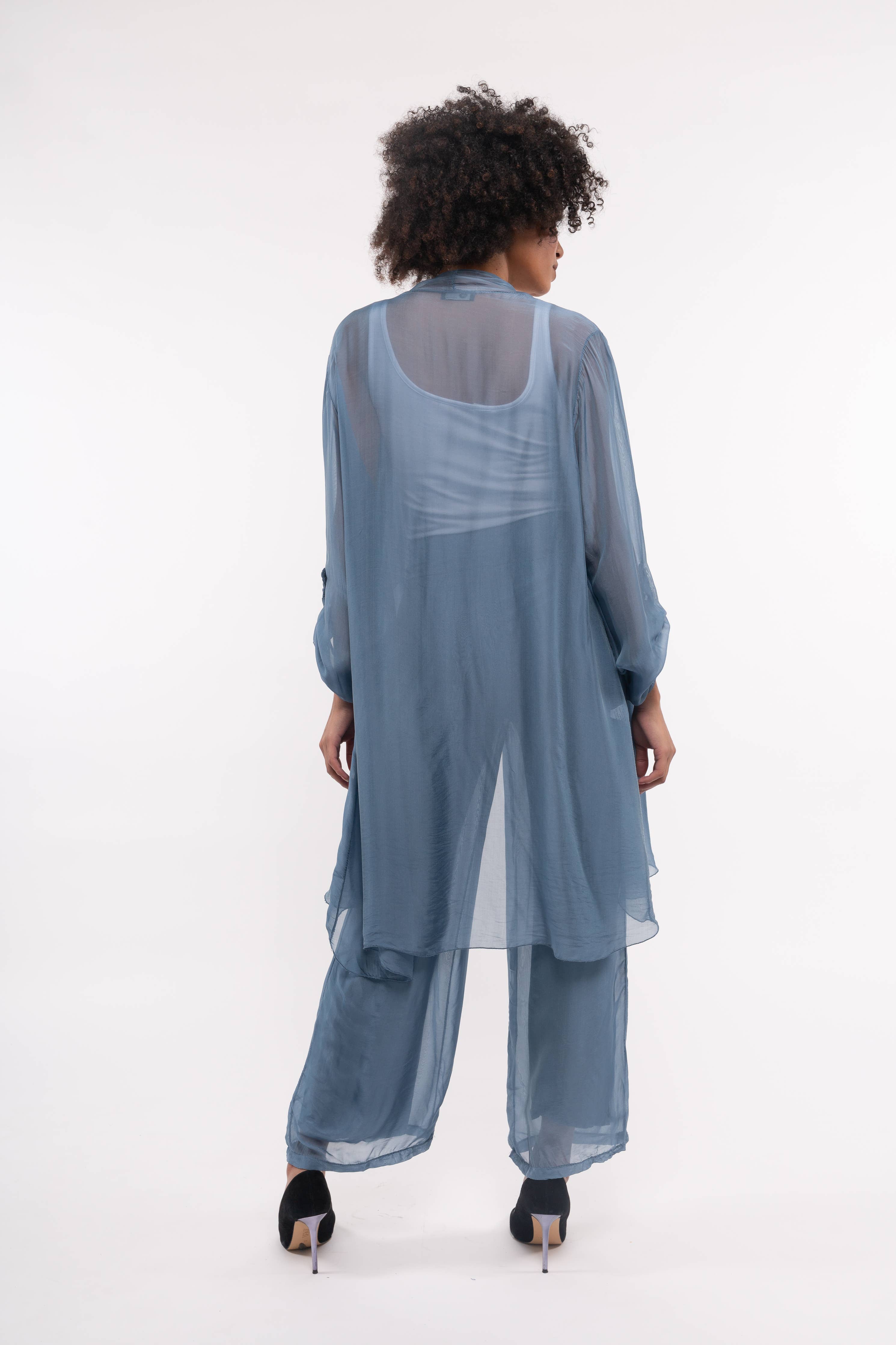 Luna Jacket - Lightweight Cascading Front Jacket: JEANS / 70% Viscose 30% SIlk / L