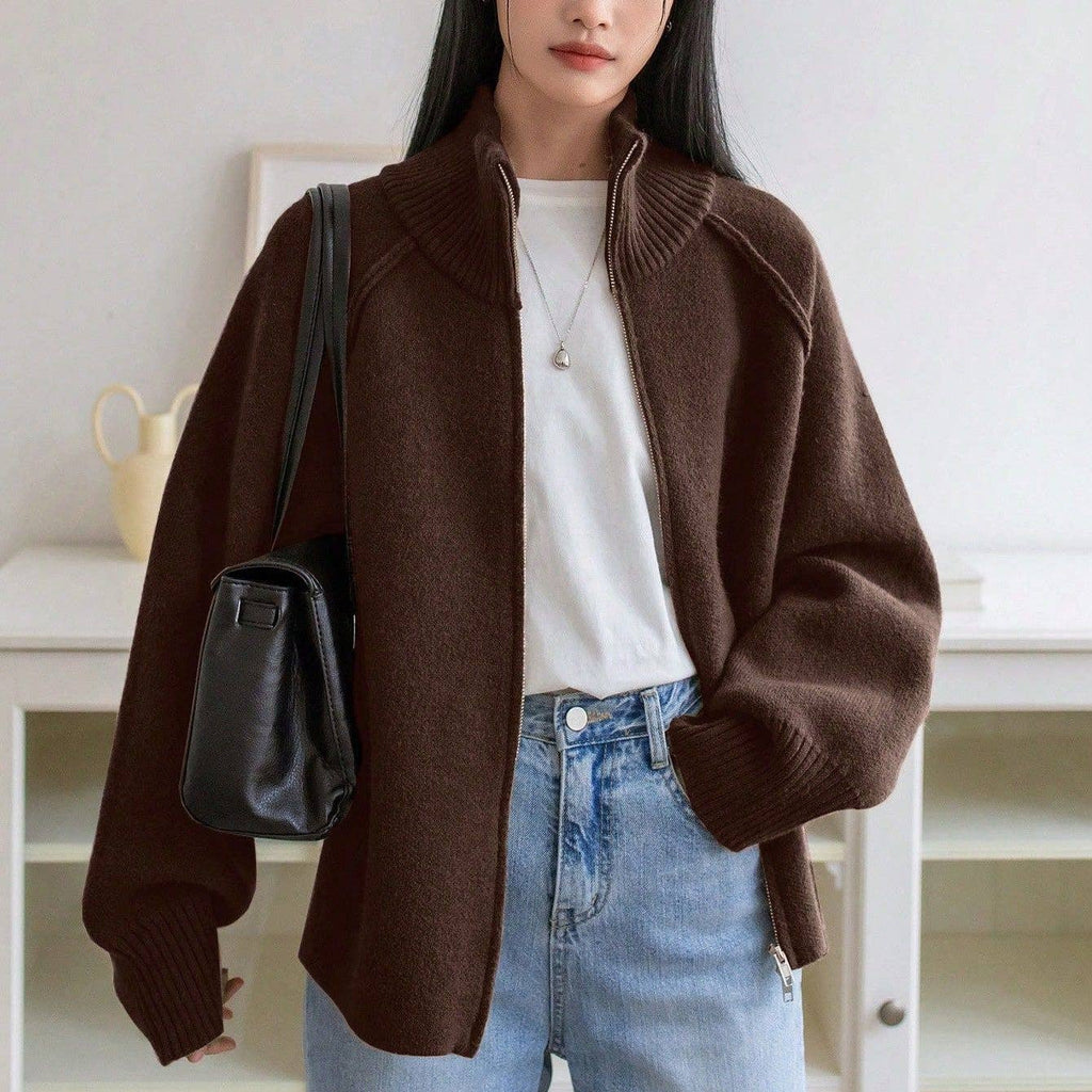 Chic Knit Korean ZipUp Cardigan  2025 Style: Black / One Size (Fits US Men's 8.5-14).