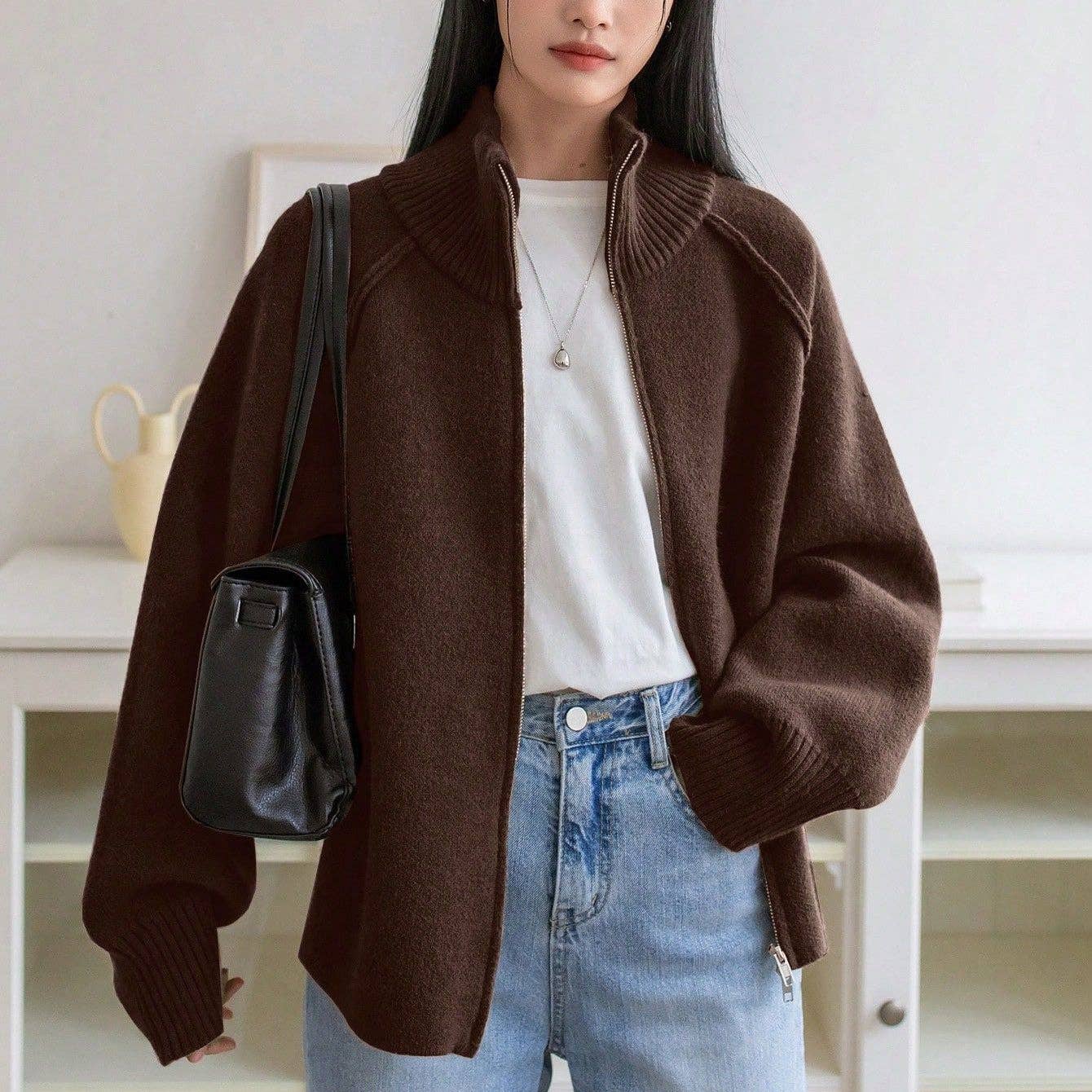 Chic Knit Korean ZipUp Cardigan  2025 Style: Black / One Size (Fits US Men's 8.5-14).