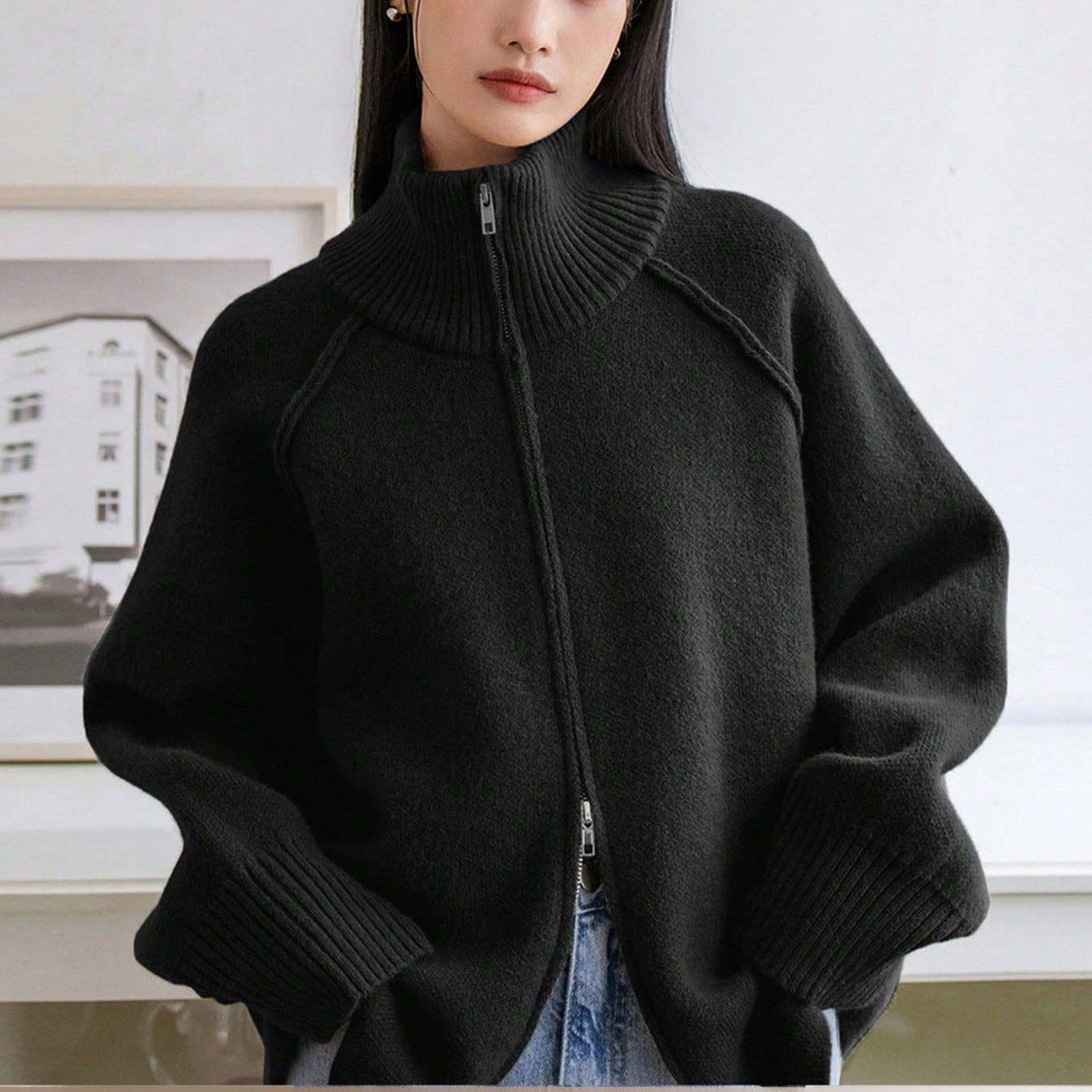 Chic Knit Korean ZipUp Cardigan  2025 Style: Black / One Size (Fits US Men's 8.5-14).