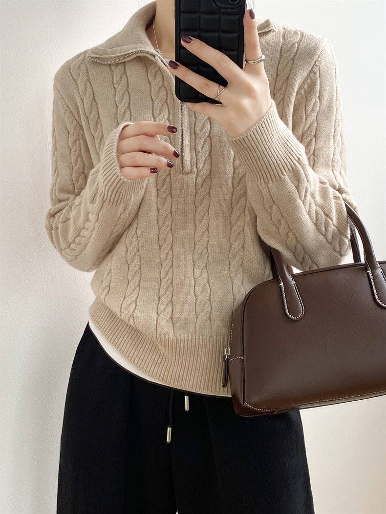Chic Zip Collar Knit Top Effortless Style Cozy Warmth: Apricot / One Size.