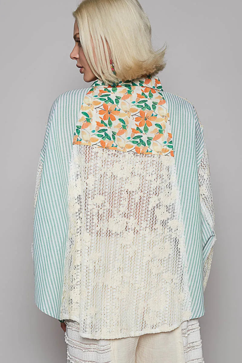 POL Lace Long Sleeve Shirt with Floral and Striped Pattern — product image