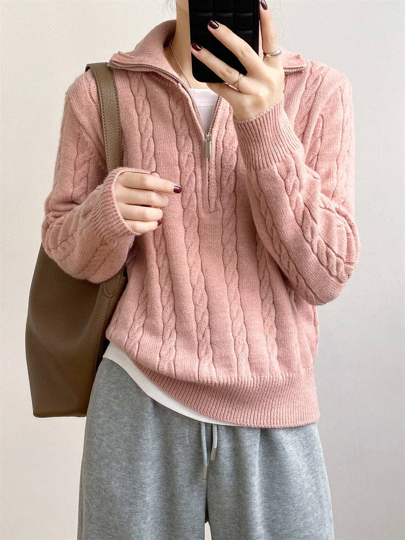 Chic Zip Collar Knit Top Effortless Style Cozy Warmth: Light Gray / One Size.