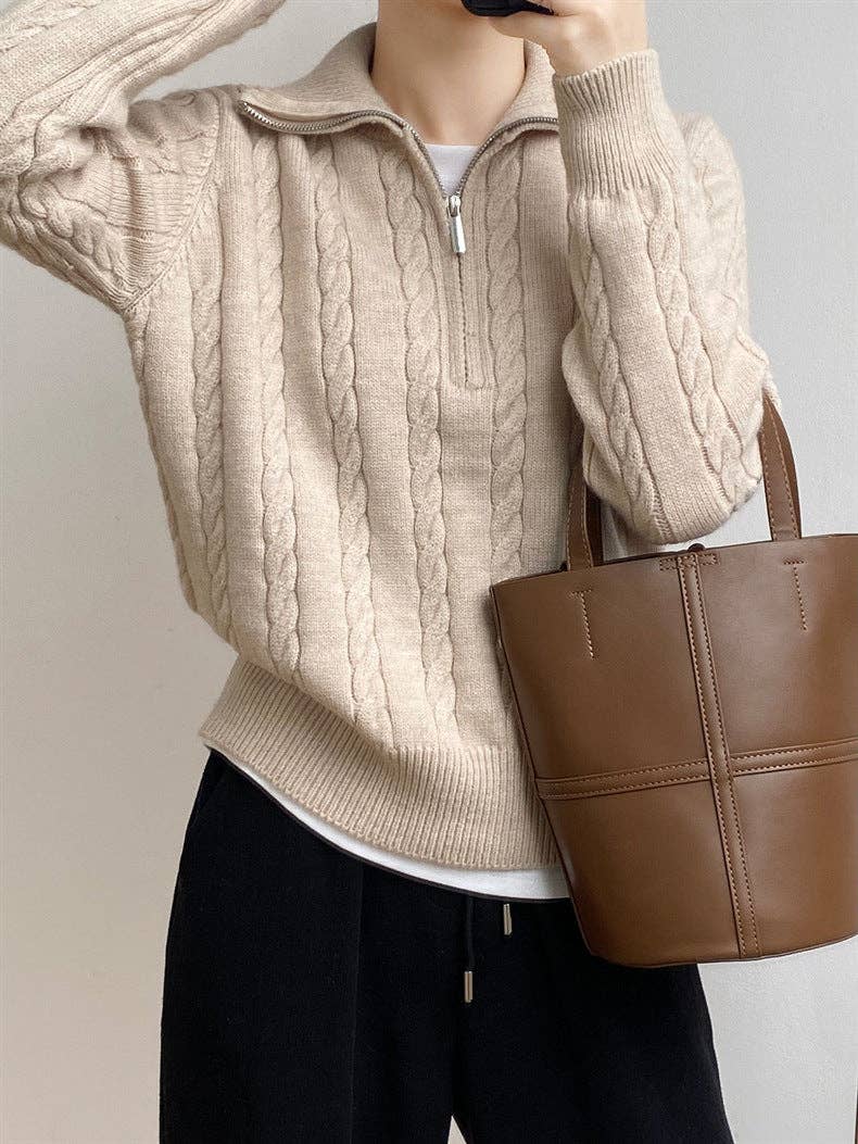 Chic Zip Collar Knit Top Effortless Style Cozy Warmth: Apricot / One Size.