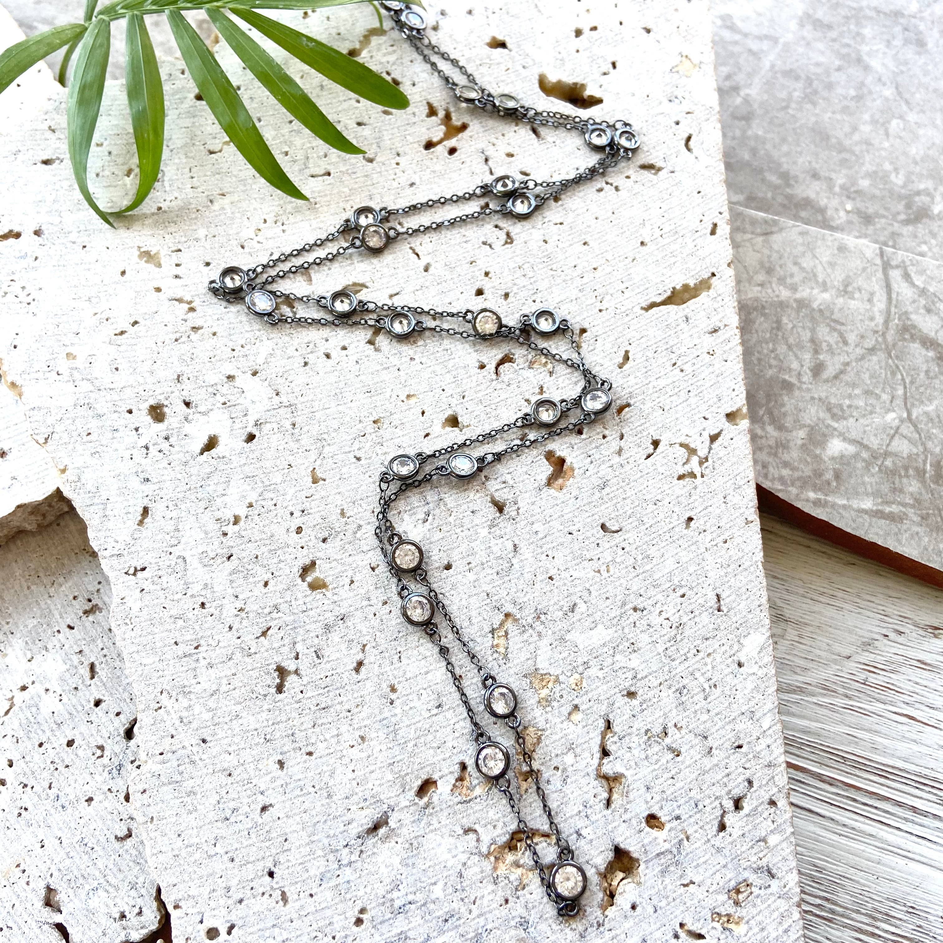 Crystal chain long necklace, wrap, gunmetal, edgy, glam